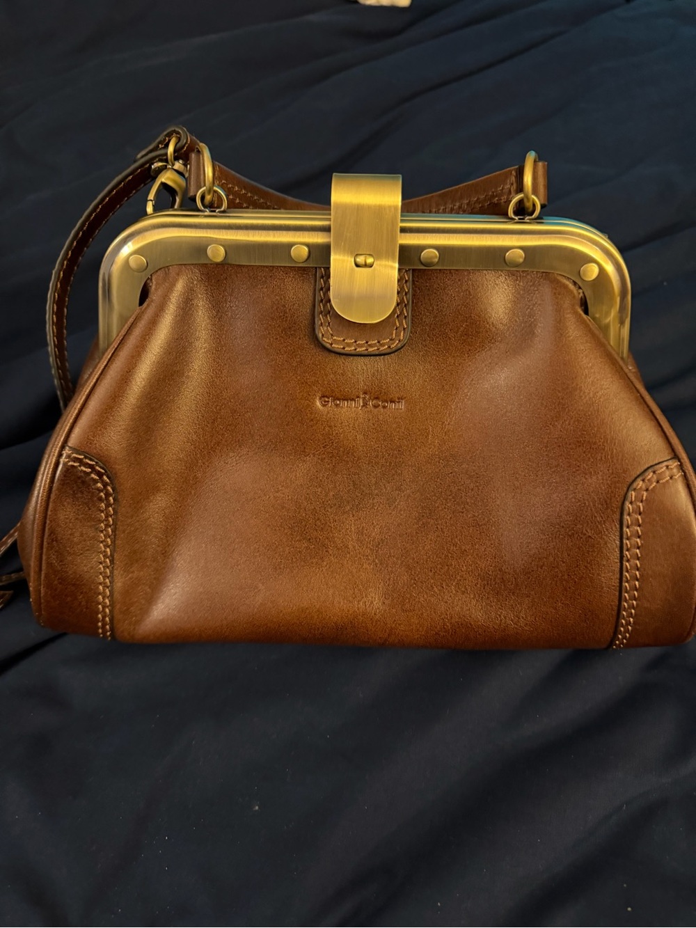 Gianni Conti Brown Leather Frame-Top Crossbody Bag